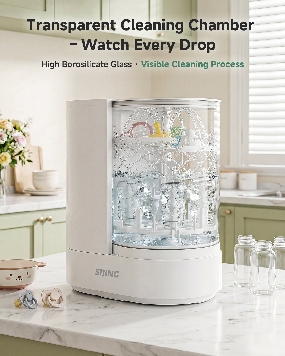 SIJING Glass Baby Bottle Washer & Sterilizer   No Plastic Contact. Pure Cleaning for Your Baby.