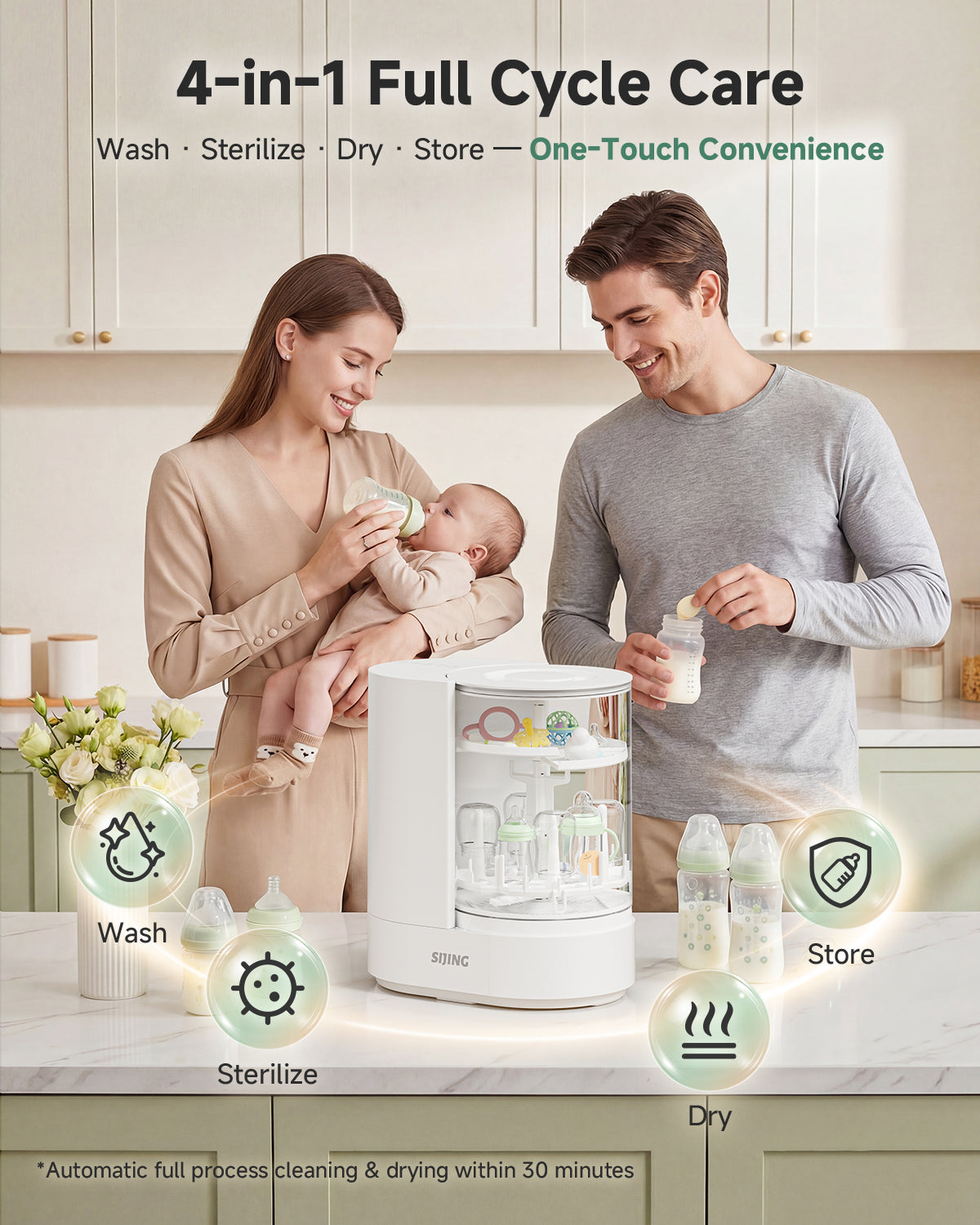 SIJING Glass Baby Bottle Washer & Sterilizer   No Plastic Contact. Pure Cleaning for Your Baby.